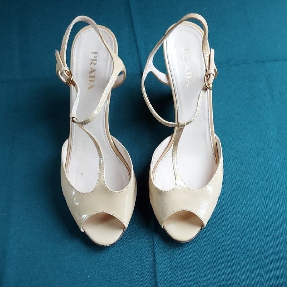 Prada Beige Patent Leather Peep-Toe Slingback Heels